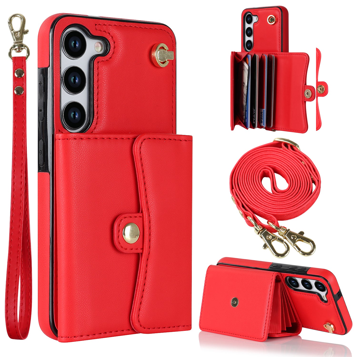 For Samsung Galaxy S23 Accordion Style Card Slots Kickstand Phone Case RFID Blocking Phone Cover with Short Strap and Long Strap For Samsung Galaxy S23 Accordion Style Card Slots Kickstand Phone Case RFID Blocking Phone Cover with Short Strap and Long Strap